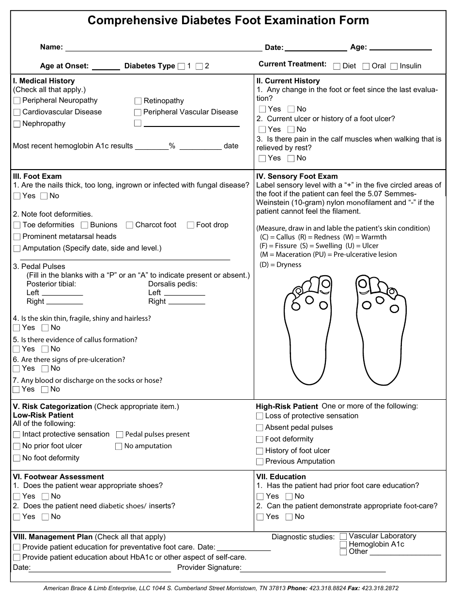 Comprehensive Diabetes Foot Examination Form American Brace & Limb
