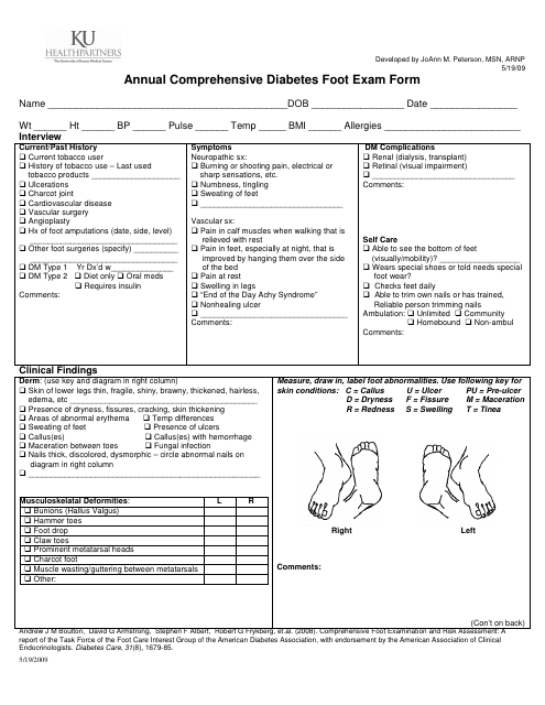 Annual Comprehensive Diabetes Foot Exam Form - Ku Download Pdf