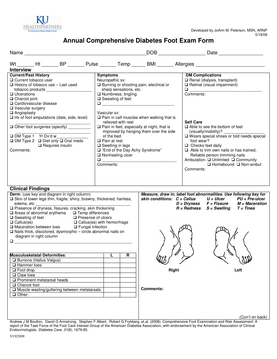 Annual Comprehensive Diabetes Foot Exam Form Ku Download Printable