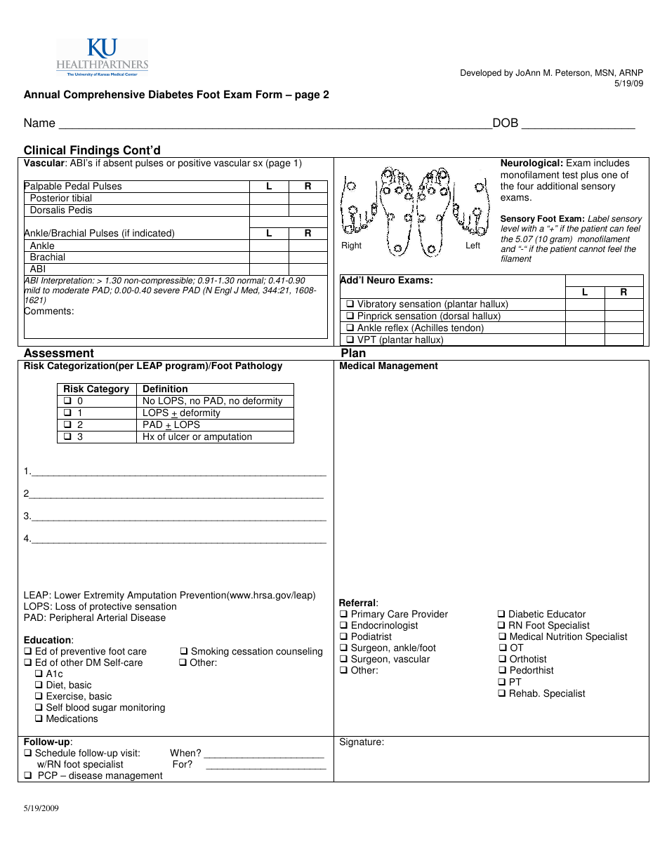 Annual Comprehensive Diabetes Foot Exam Form Ku Fill Out, Sign