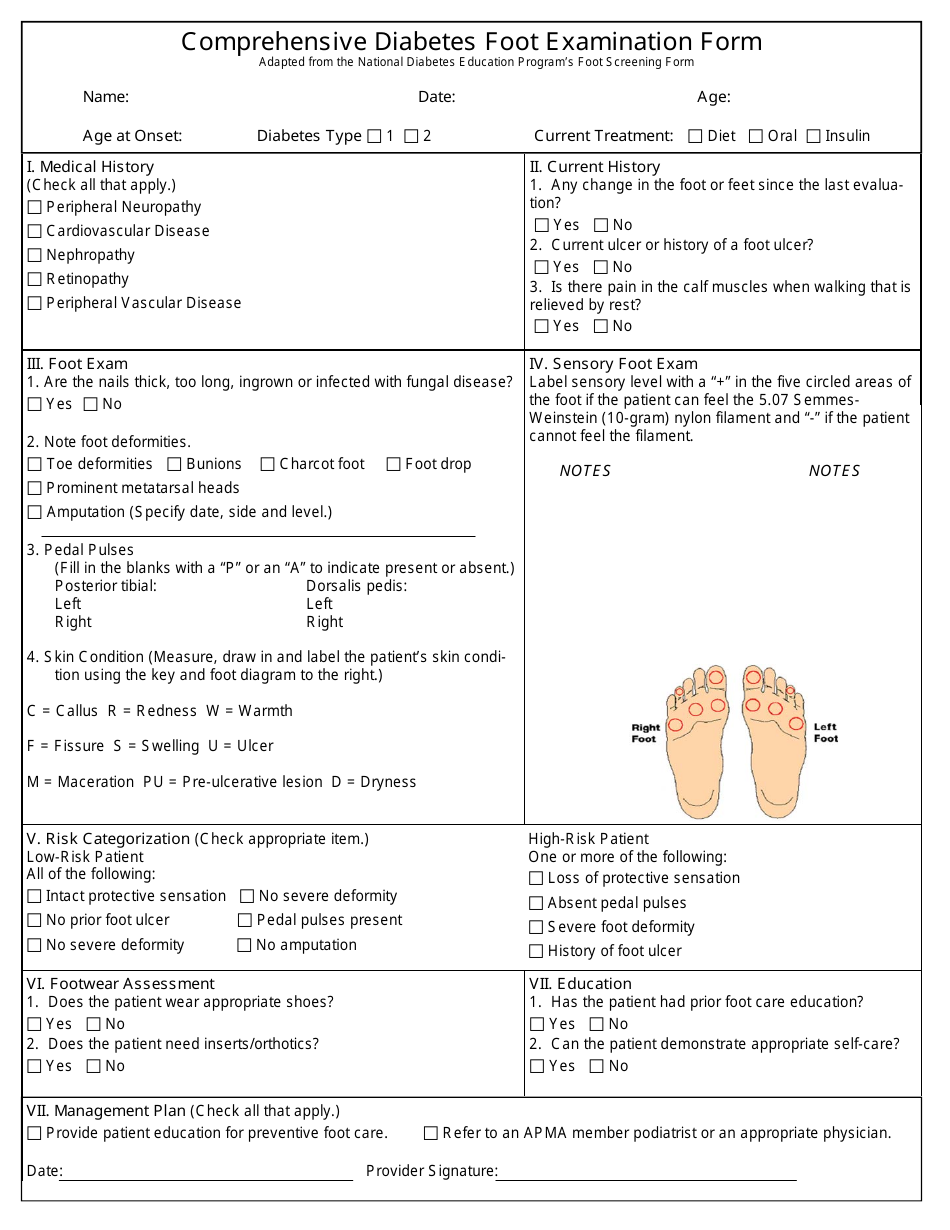 Comprehensive Diabetes Foot Examination Form, Page 1