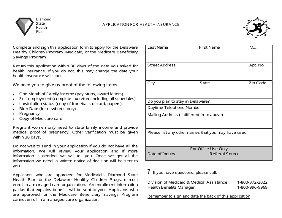 Form 403 Application for Health Insurance - Delaware, Page 1