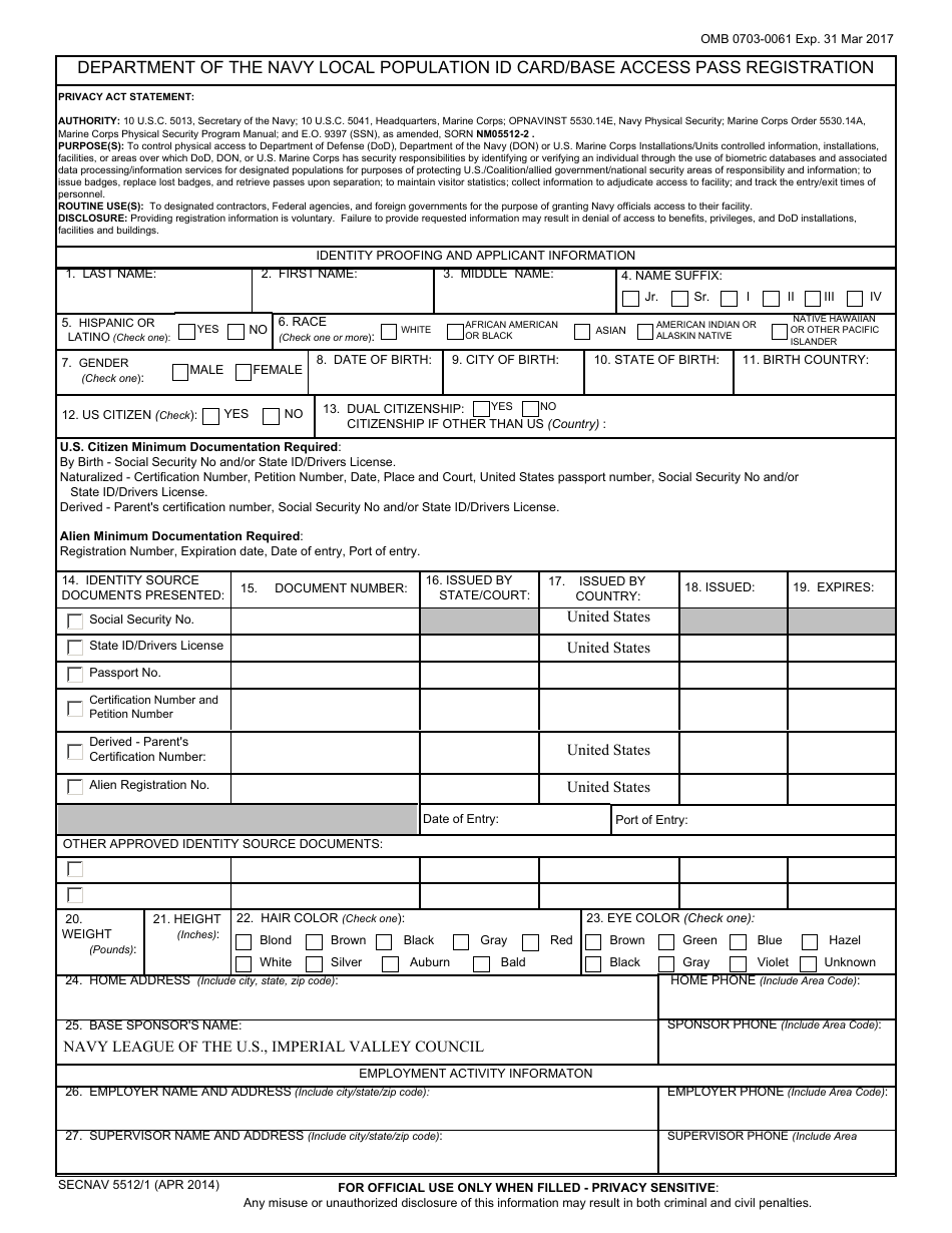 SECNAV Form 5512 / 1 Department of the Navy Local Population Id Card / Base Access Pass Registration, Page 1