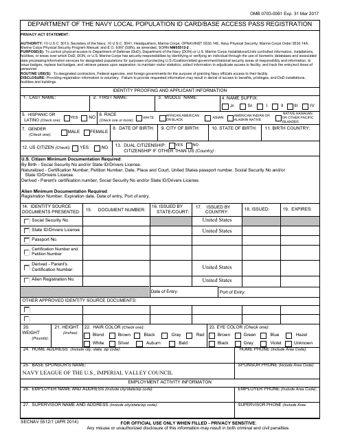 SECNAV Form 5512/1 Department of the Navy Local Population Id Card/Base Access Pass Registration