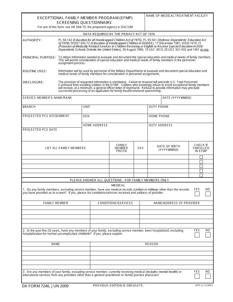 DA Form 7246 Exceptional Family Member Program (EFMP) Screening Questionnaire, Page 1