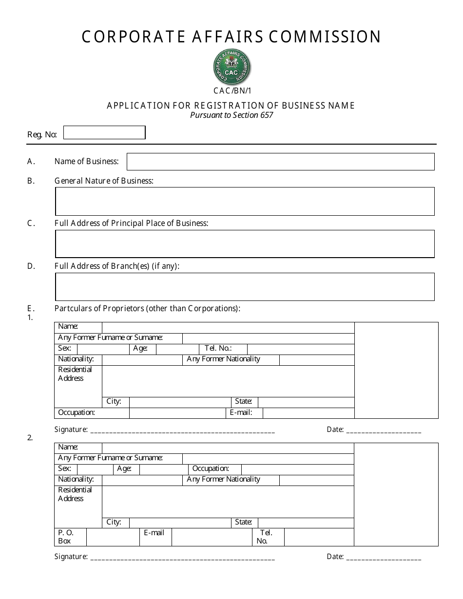 Form CAC / BN / 1 Application for Registration of Business Name Pursuant to Section 657 - Nigeria, Page 1