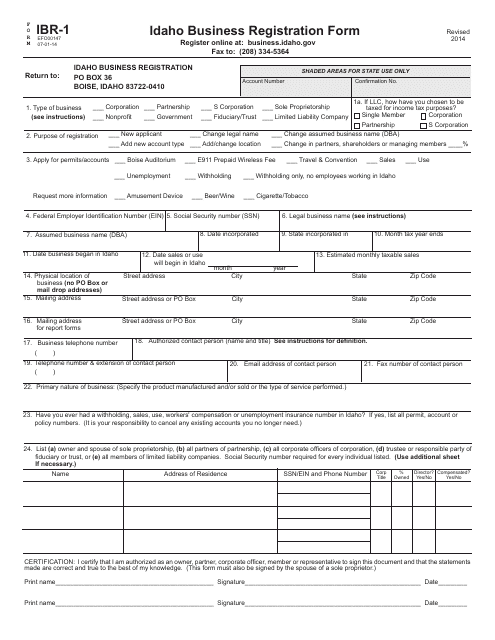 Form IBR-1 Idaho Business Registration Form - Idaho