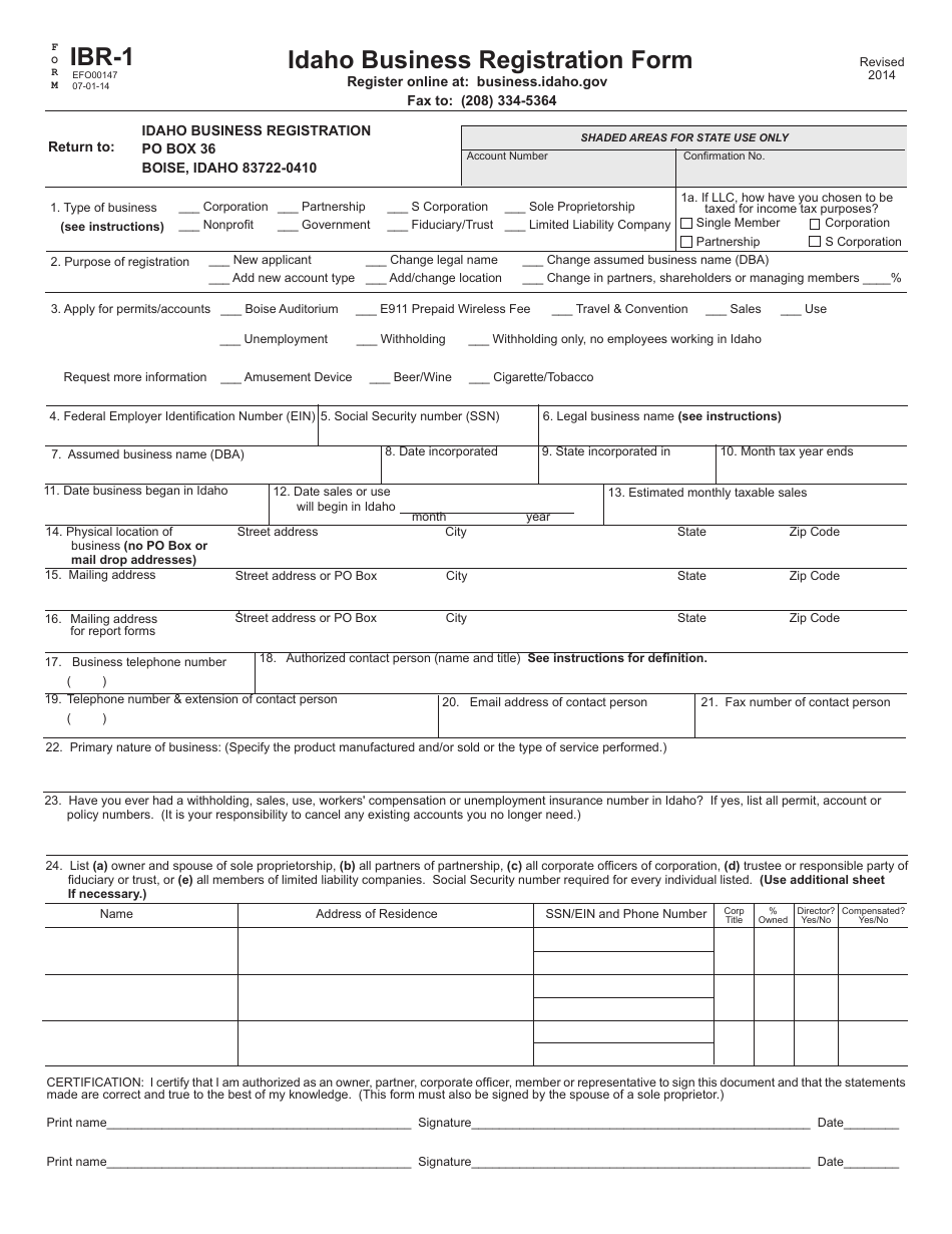 Form IBR-1 Idaho Business Registration Form - Idaho, Page 1