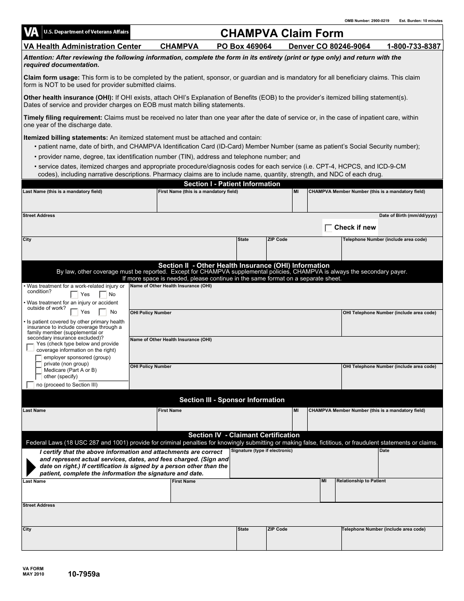 VA Form 10-7959a CHAMPVA Claim Form, Page 1