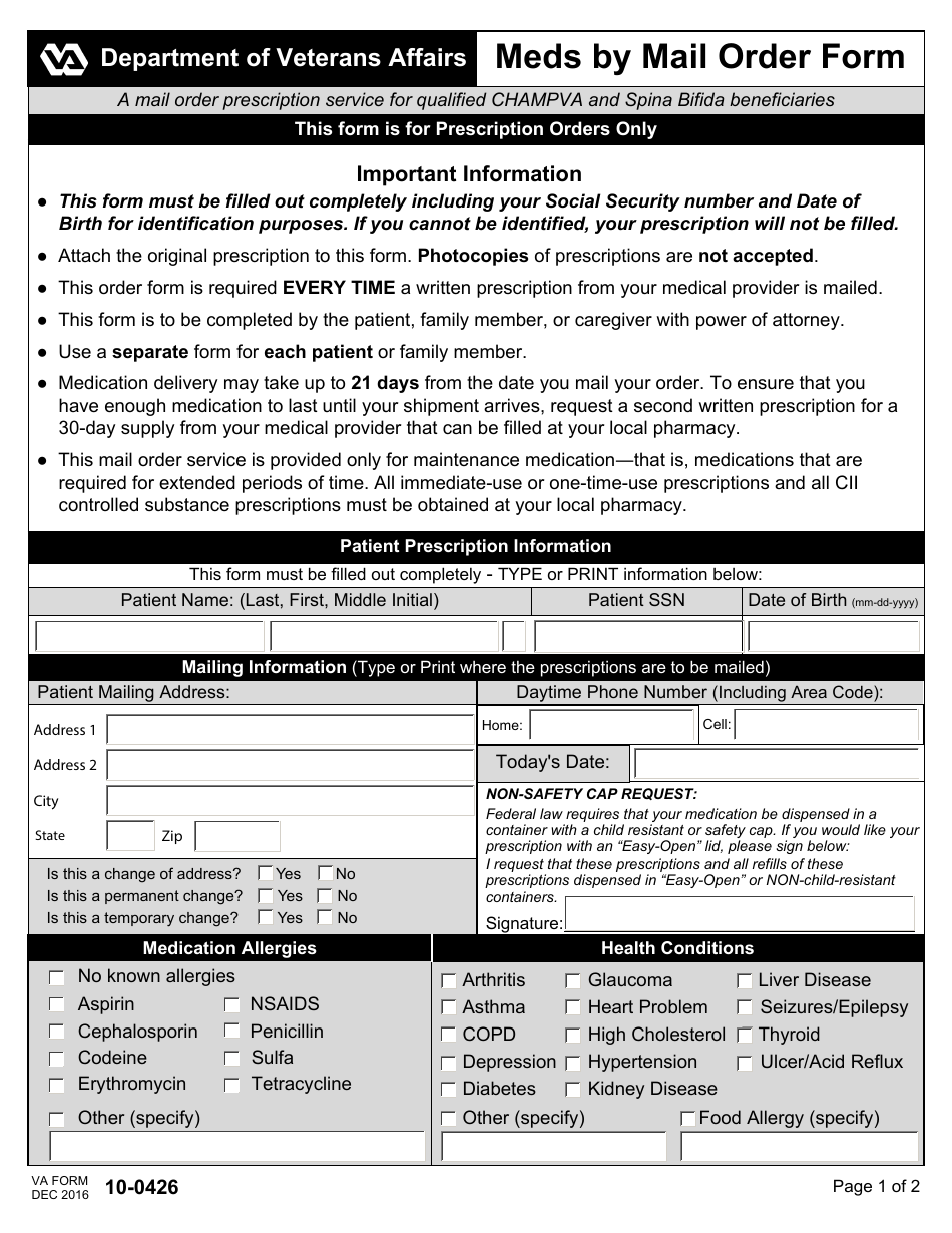 VA Form 10-0426 Meds by Mail Order Form, Page 1