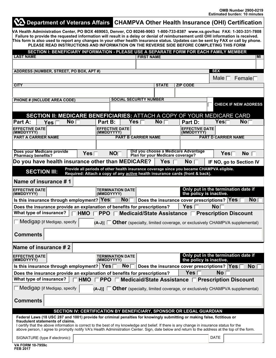 VA Form 10-7959c CHAMPVA Other Health Insurance (OHI) Certification, Page 1