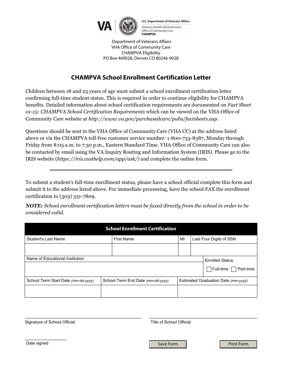 CHAMPVA School Enrollment Certification Letter, School Enrollment Certification Form, Page 1