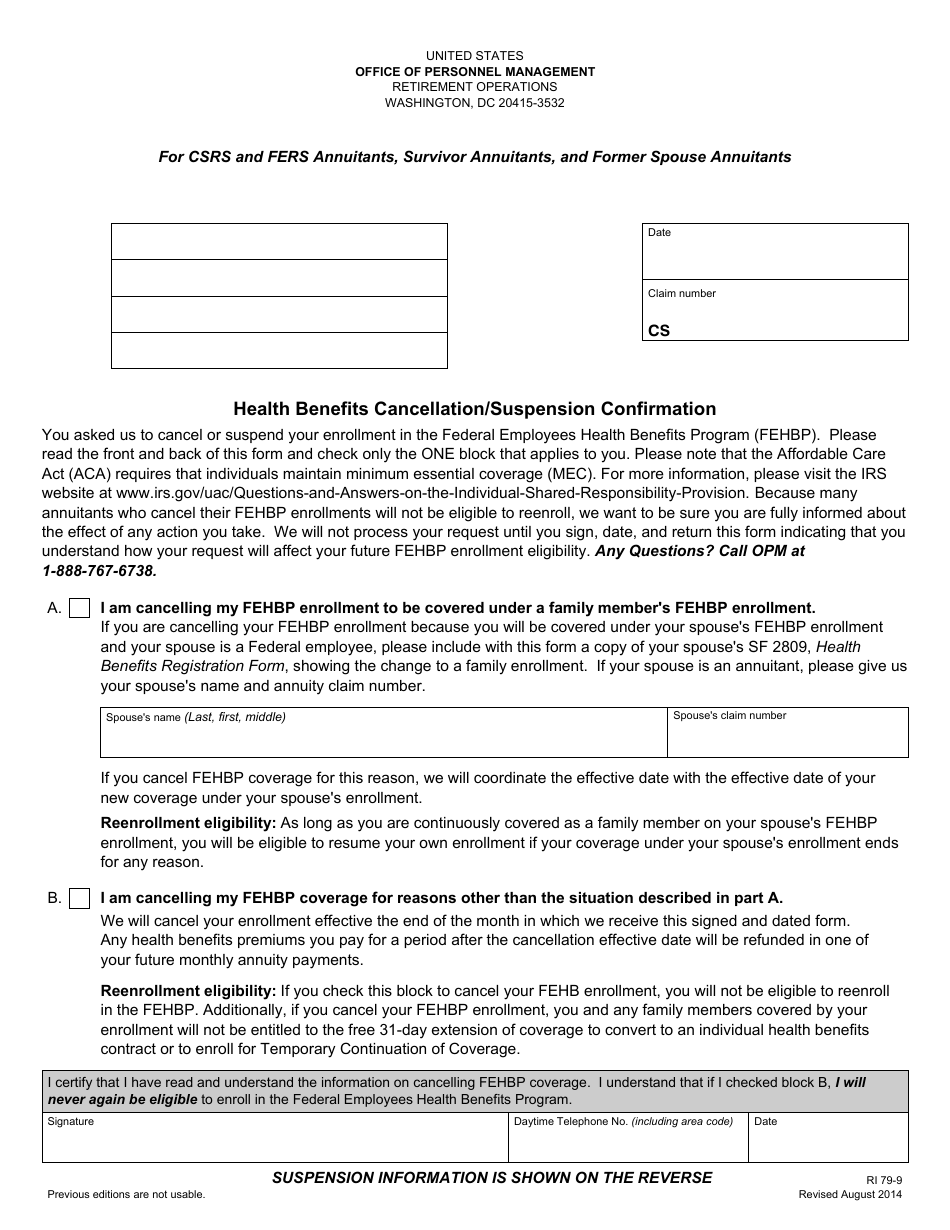Form RI79-9 Health Benefits Cancellation / Suspension Confirmation, Page 1