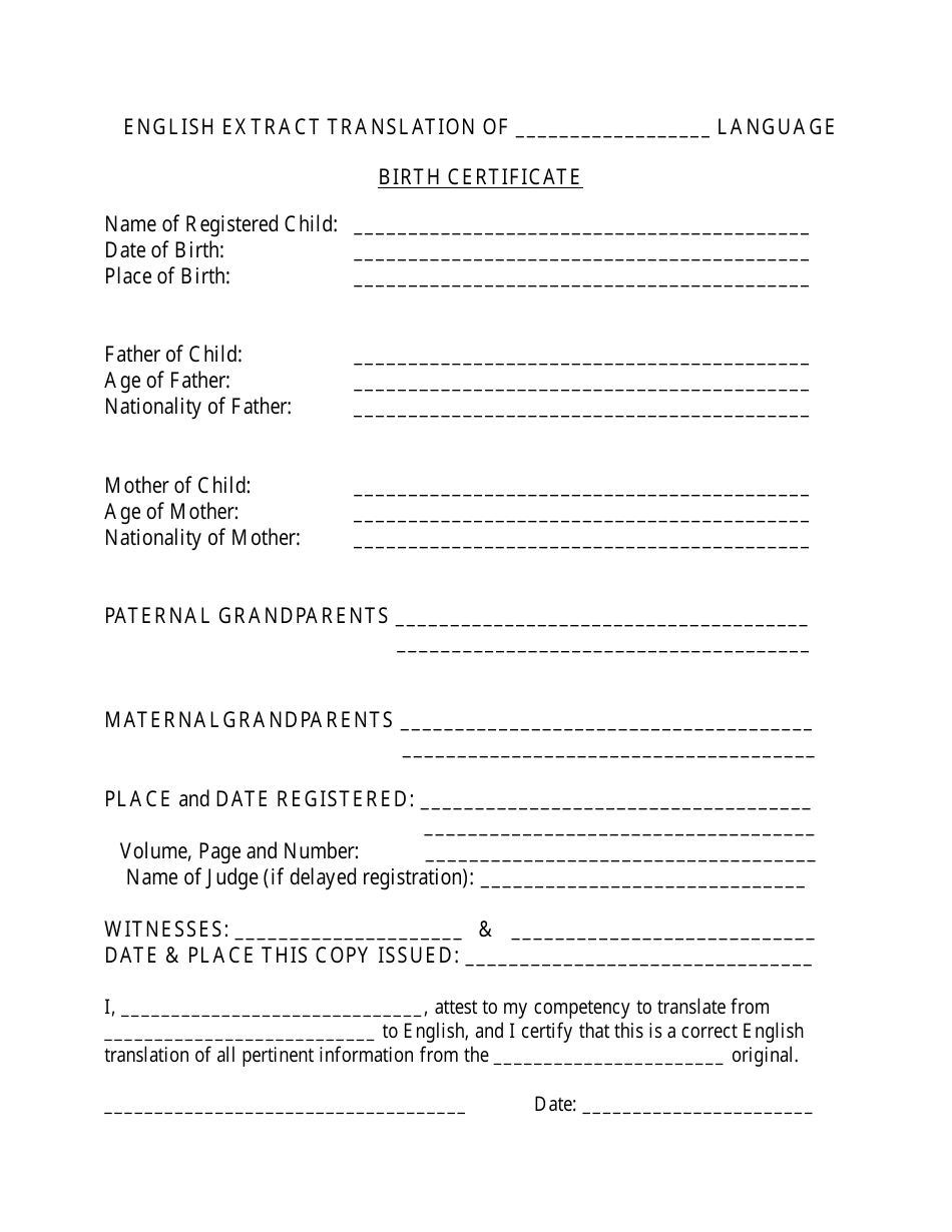 English Translation Form of Birth Certificate Download Fillable With Uscis Birth Certificate Translation Template