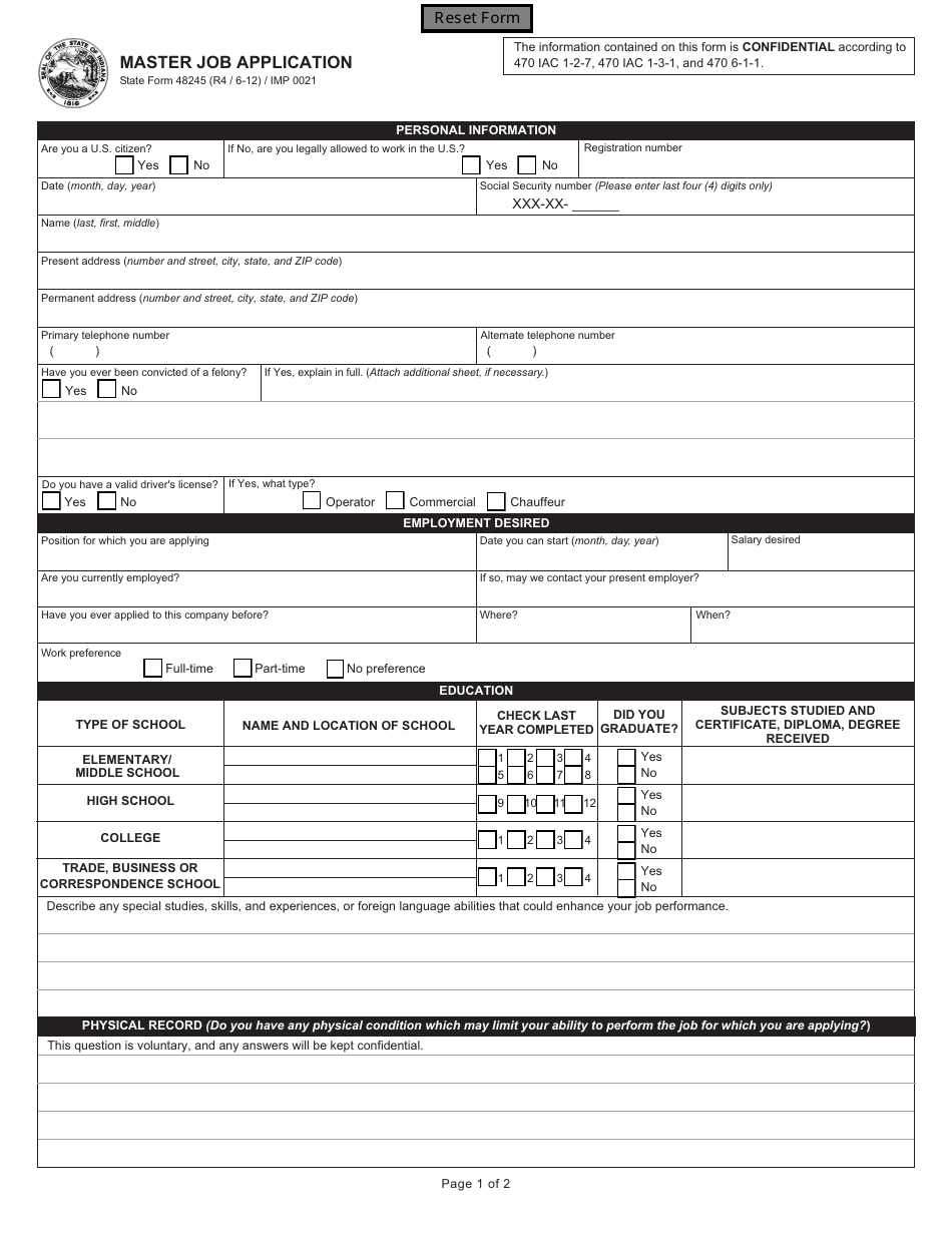 State Form 48245 Master Job Application - Indiana, Page 1