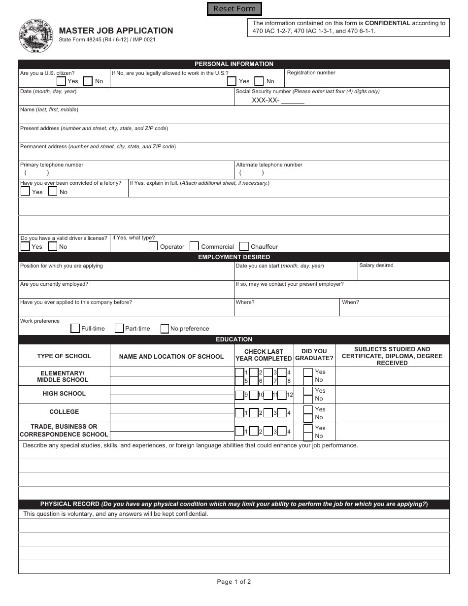 state form 48245 download fillable pdf or fill online master job application 2012 templateroller