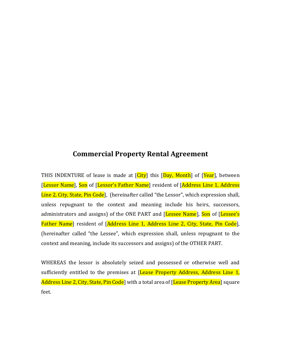 Commercial Property Rental Agreement Template, Page 1
