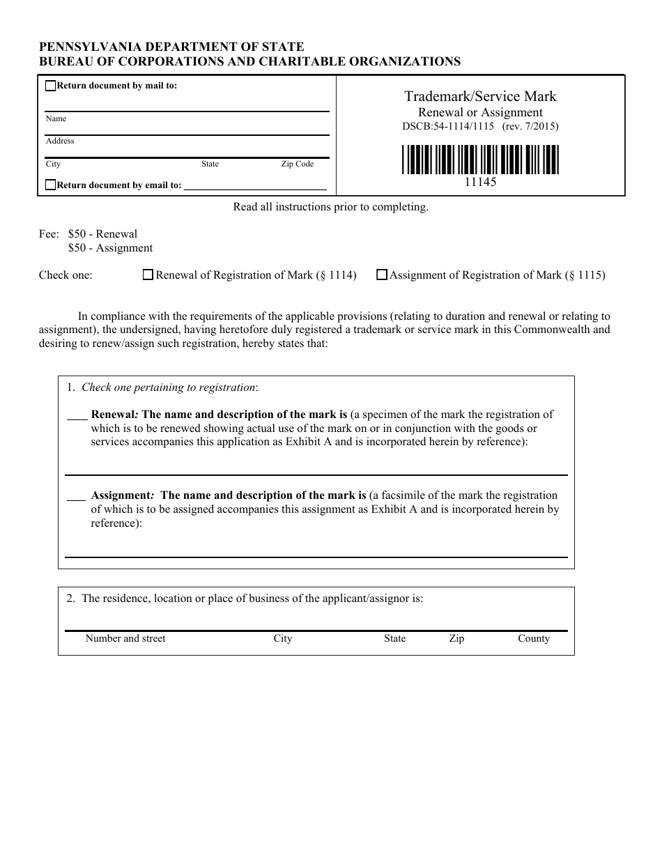 Form DSCB:5401114/1115 Renewal/Assignment of Trademark or Service Mark - Pennsylvania, Page 1