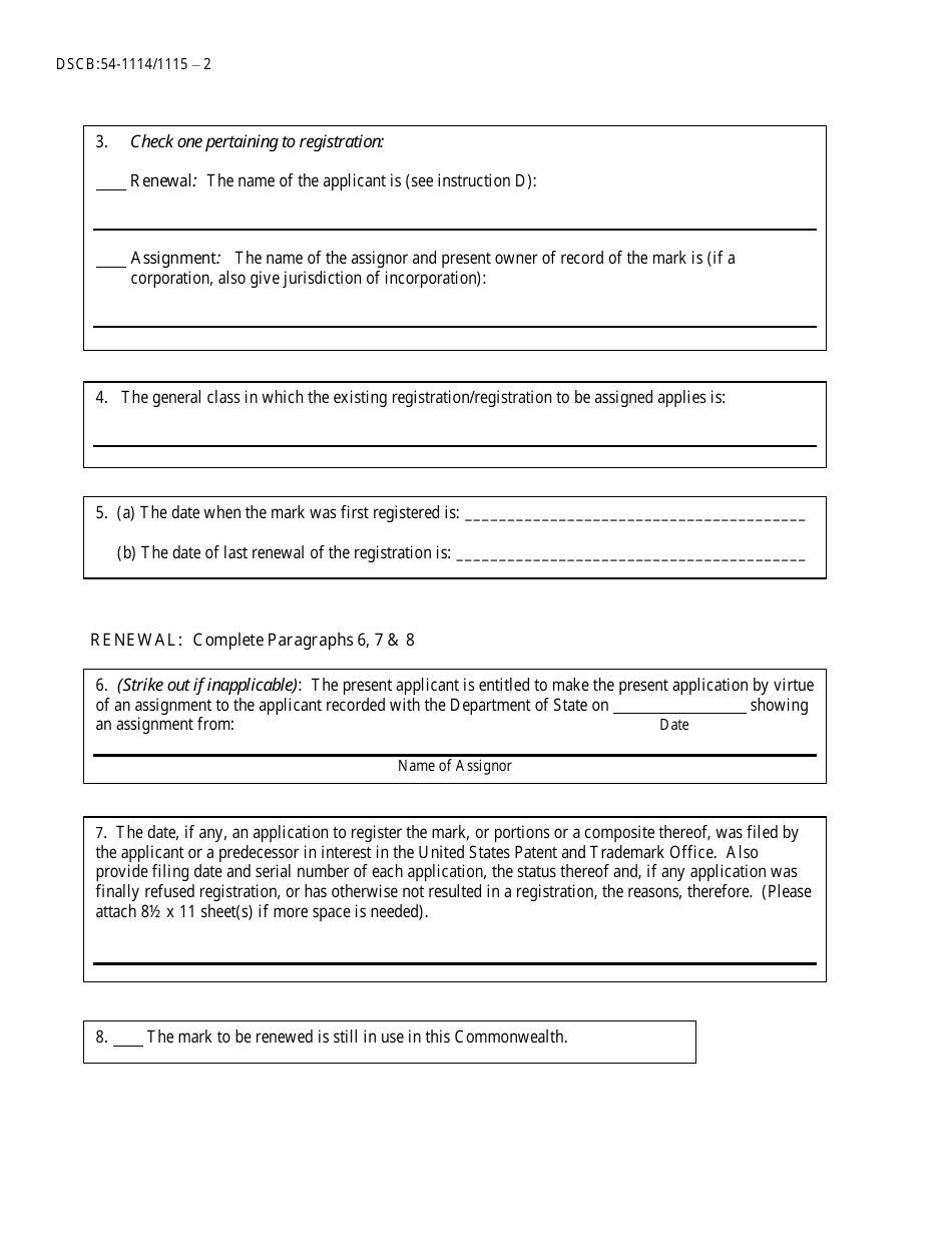 Form DSCB:5401114 / 1115 Renewal / Assignment of Trademark or Service Mark - Pennsylvania, Page 2