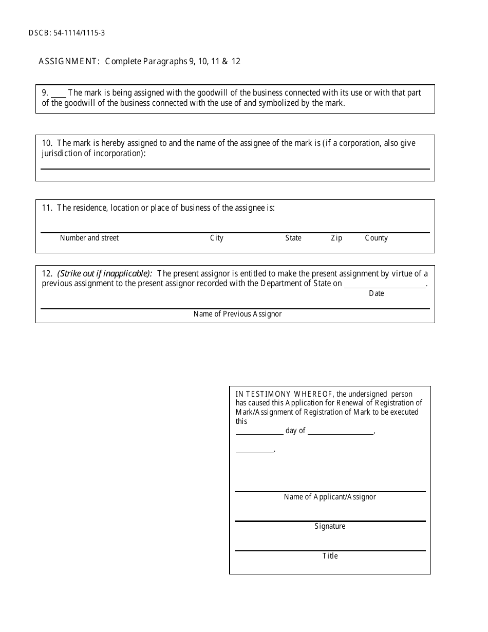 Form DSCB:5401114 / 1115 Renewal / Assignment of Trademark or Service Mark - Pennsylvania, Page 3