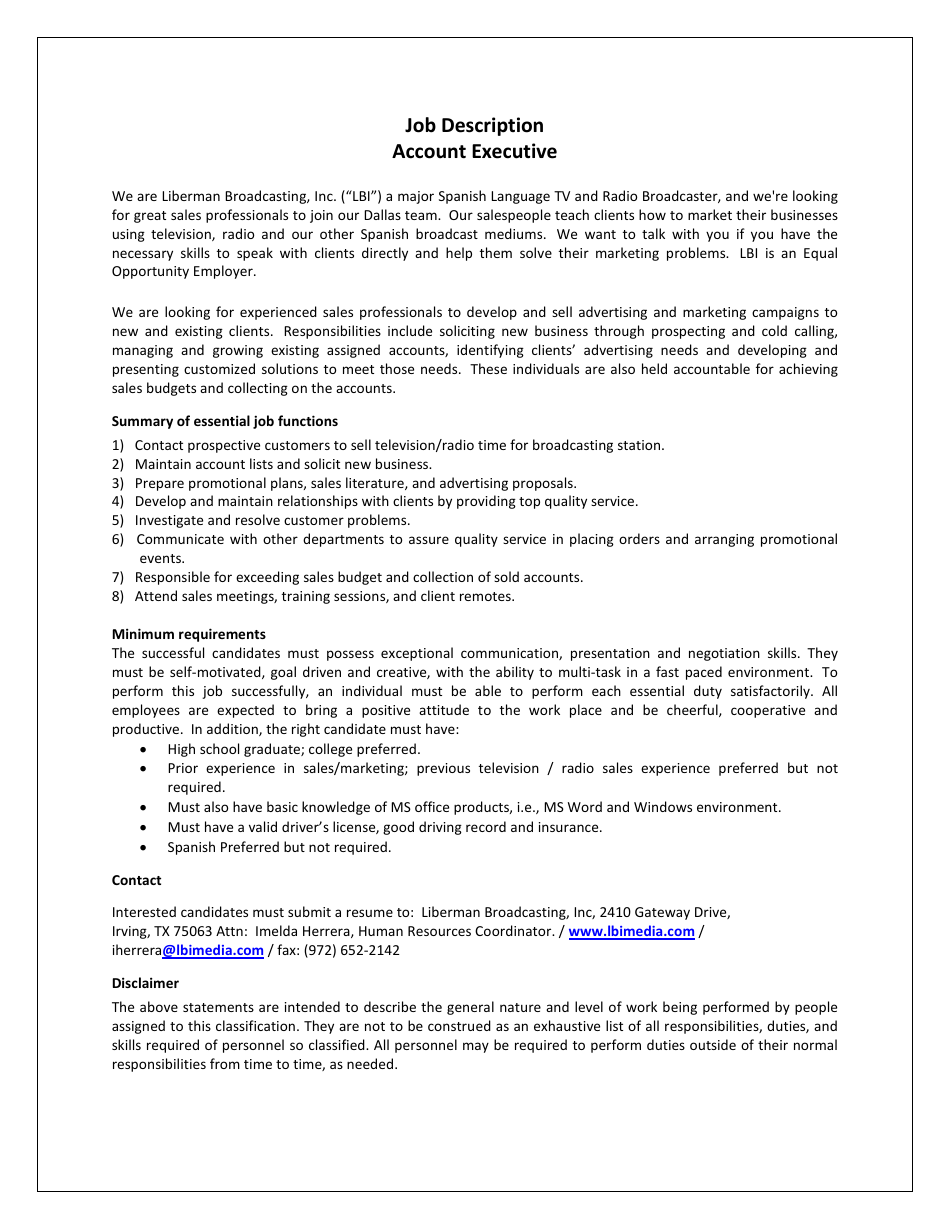 Texas Sample Account Executive Job Description Download Printable PDF 