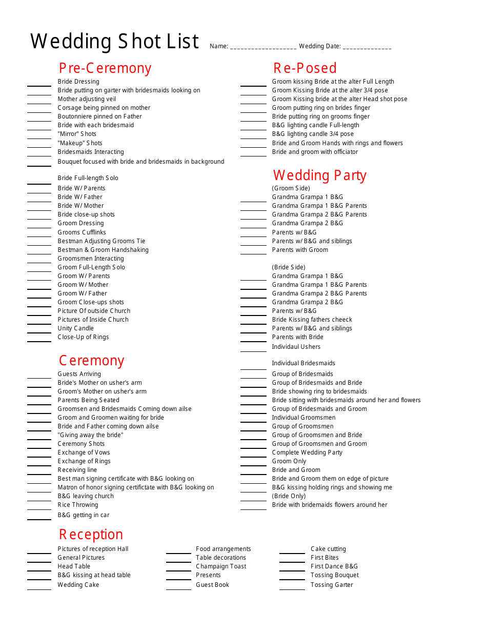Wedding Shot List Template Red Download Printable PDF Templateroller