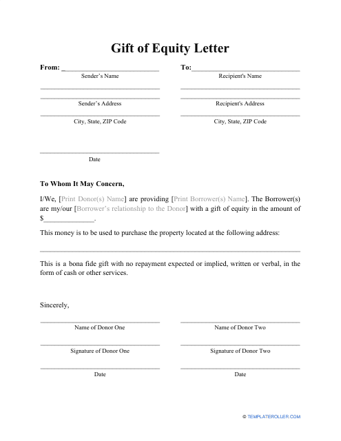 Gift of Equity Letter Template - Preview