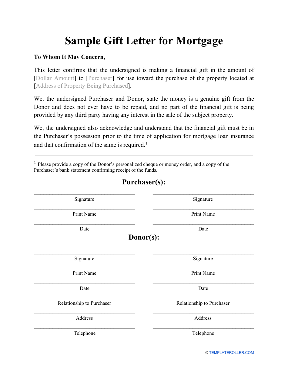 A sample gift letter for mortgage - downloadable template