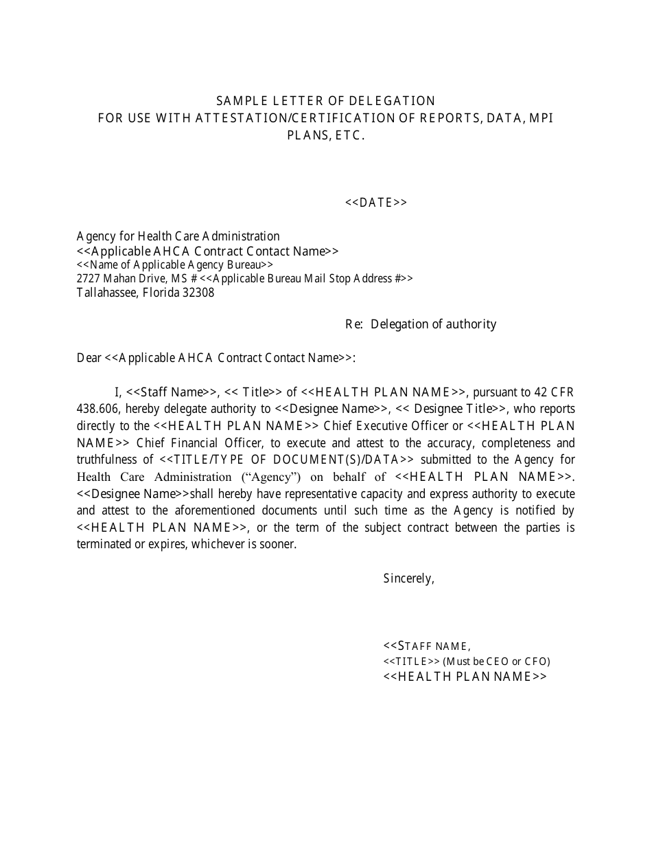 Sample Letter of Delegation for Use With Attestation / Certification of Reports, Data, Mpi Plans, Etc. - Florida, Page 1