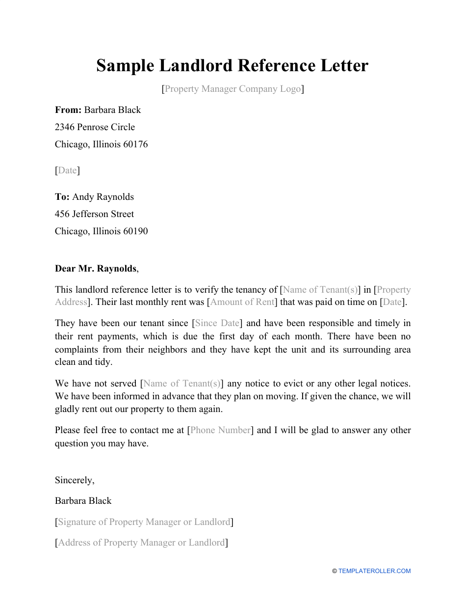Sample Landlord Reference Letter, Page 1