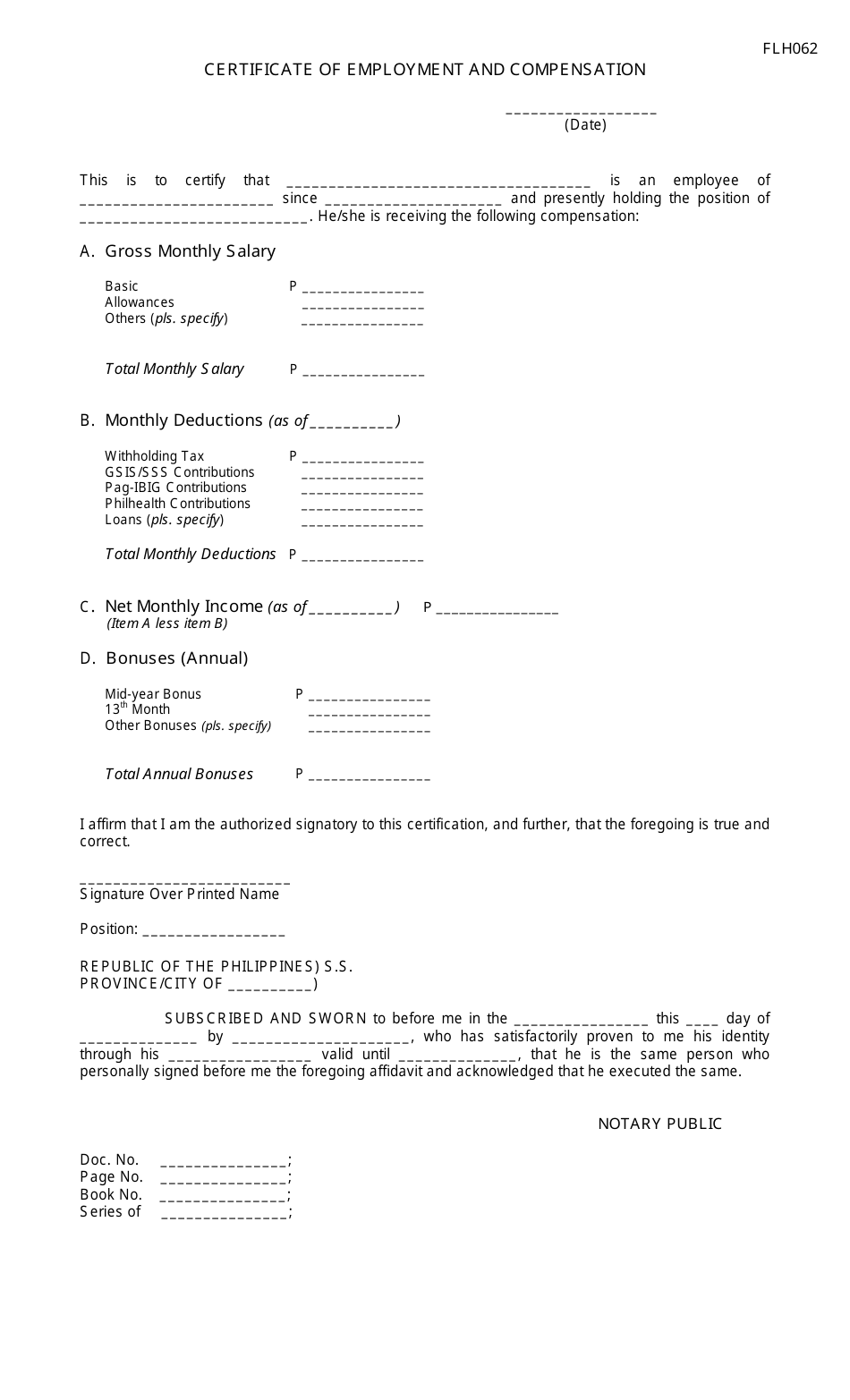 Form FLH062 Certificate of Employment and Compensation - Cotabato, Philippines, Page 1
