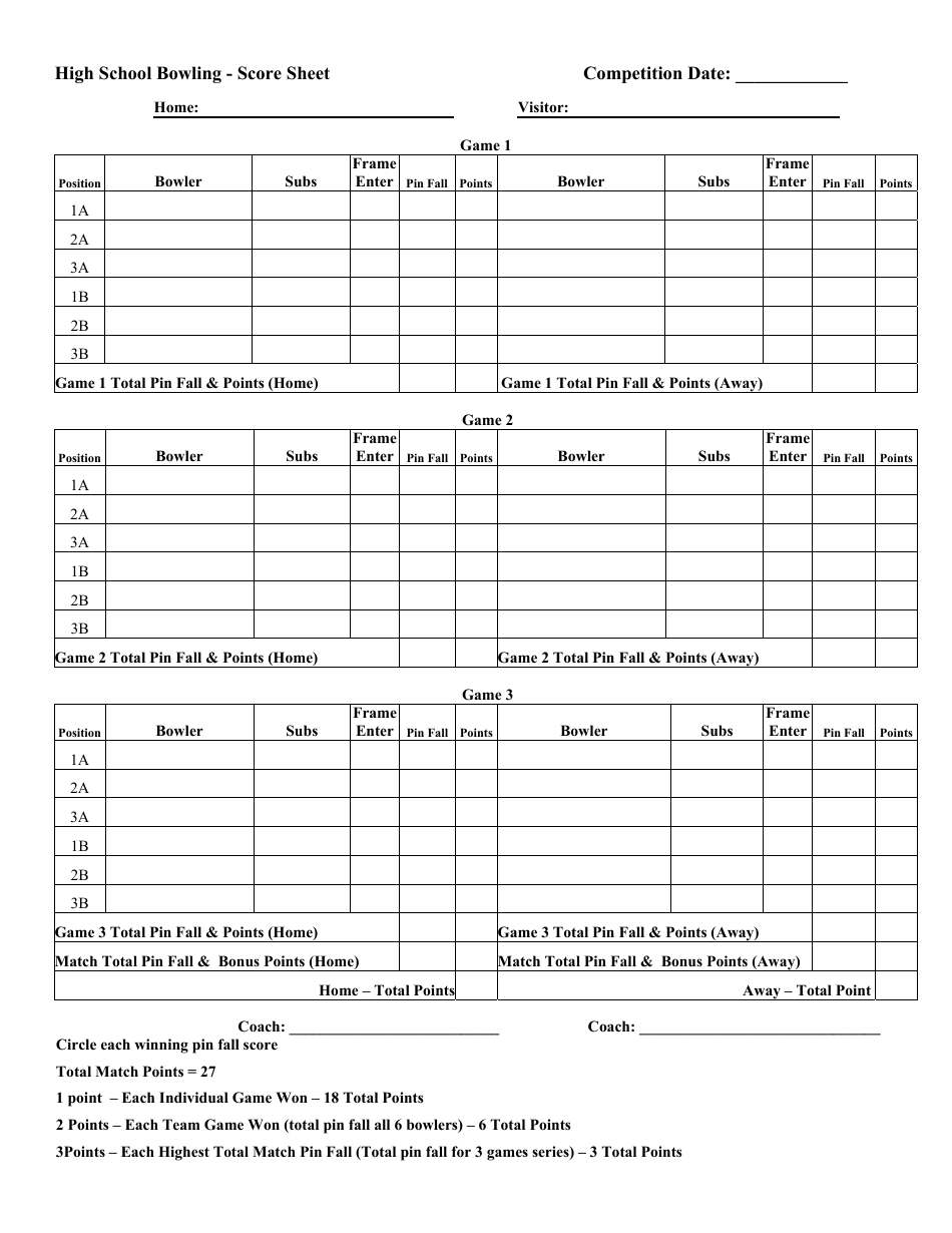 High School Bowling Score Sheet Template Preview