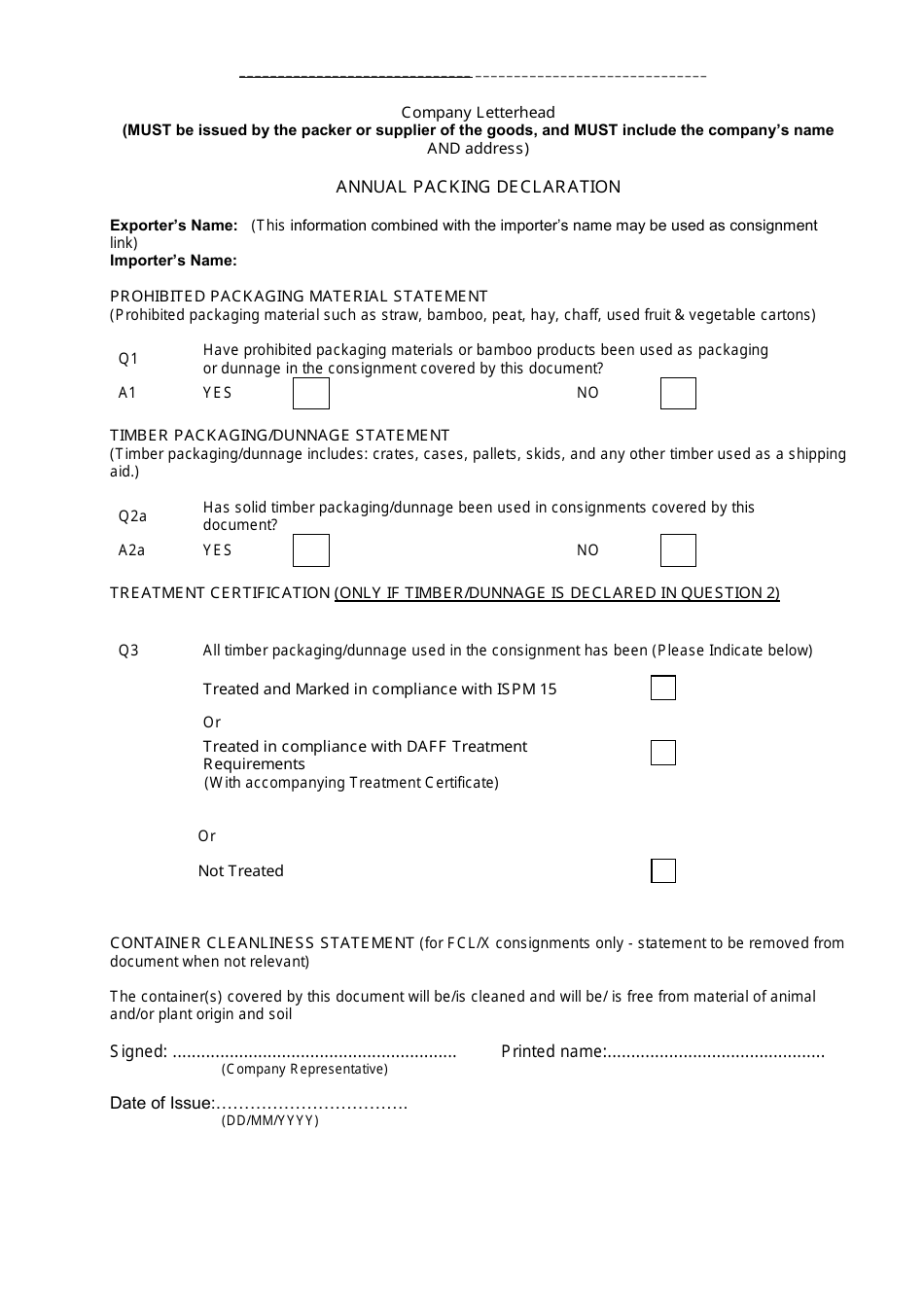 Annual Packing Declaration Form - Fill Out, Sign Online and Download ...