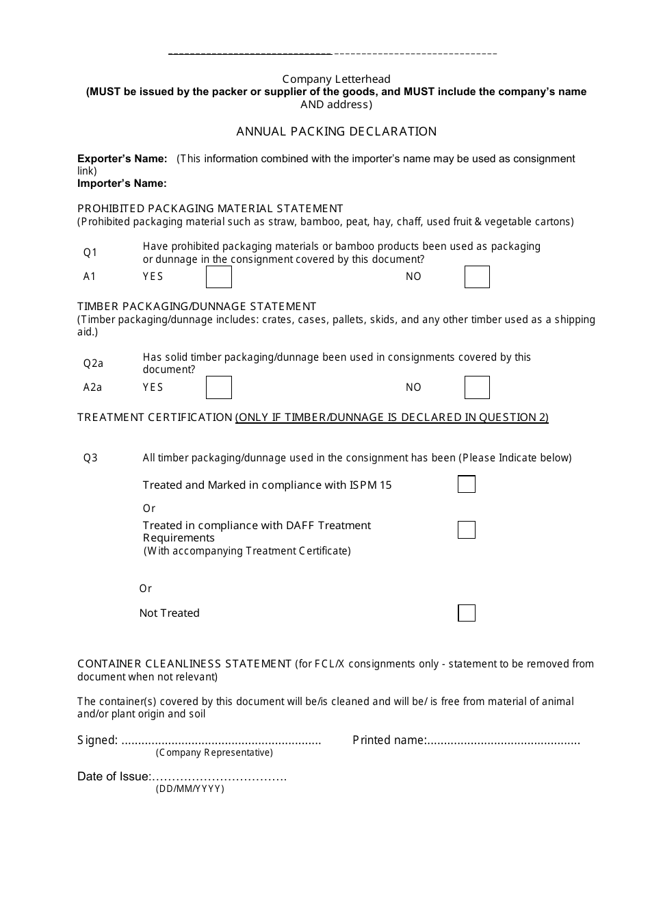 Annual Packing Declaration Form, Page 1