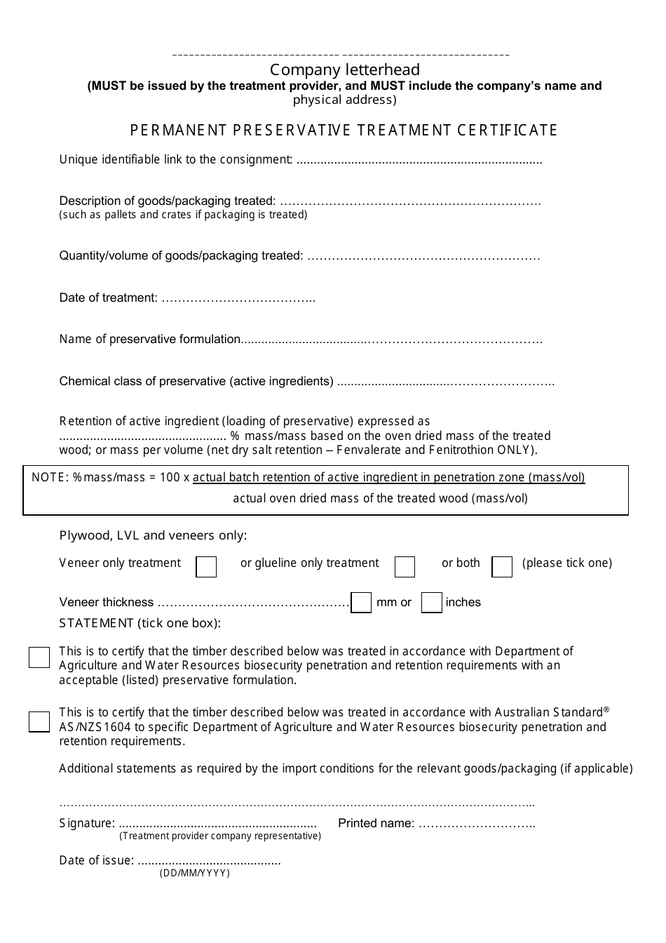 Permanent Preservative Treatment Certificate Form - Australia, Page 1