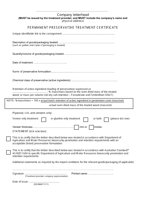 Permanent Preservative Treatment Certificate Form - Australia