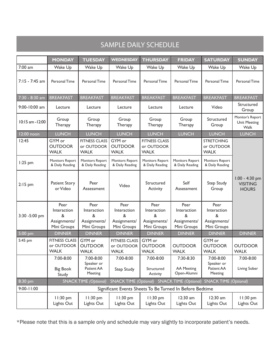 Sample Daily Schedule for AA Members - Template Preview