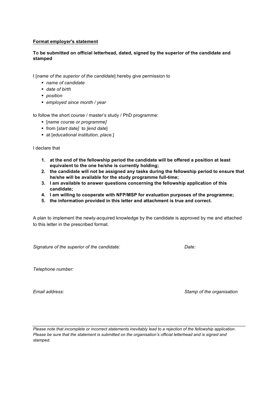 Sample Employer's Statement Template
