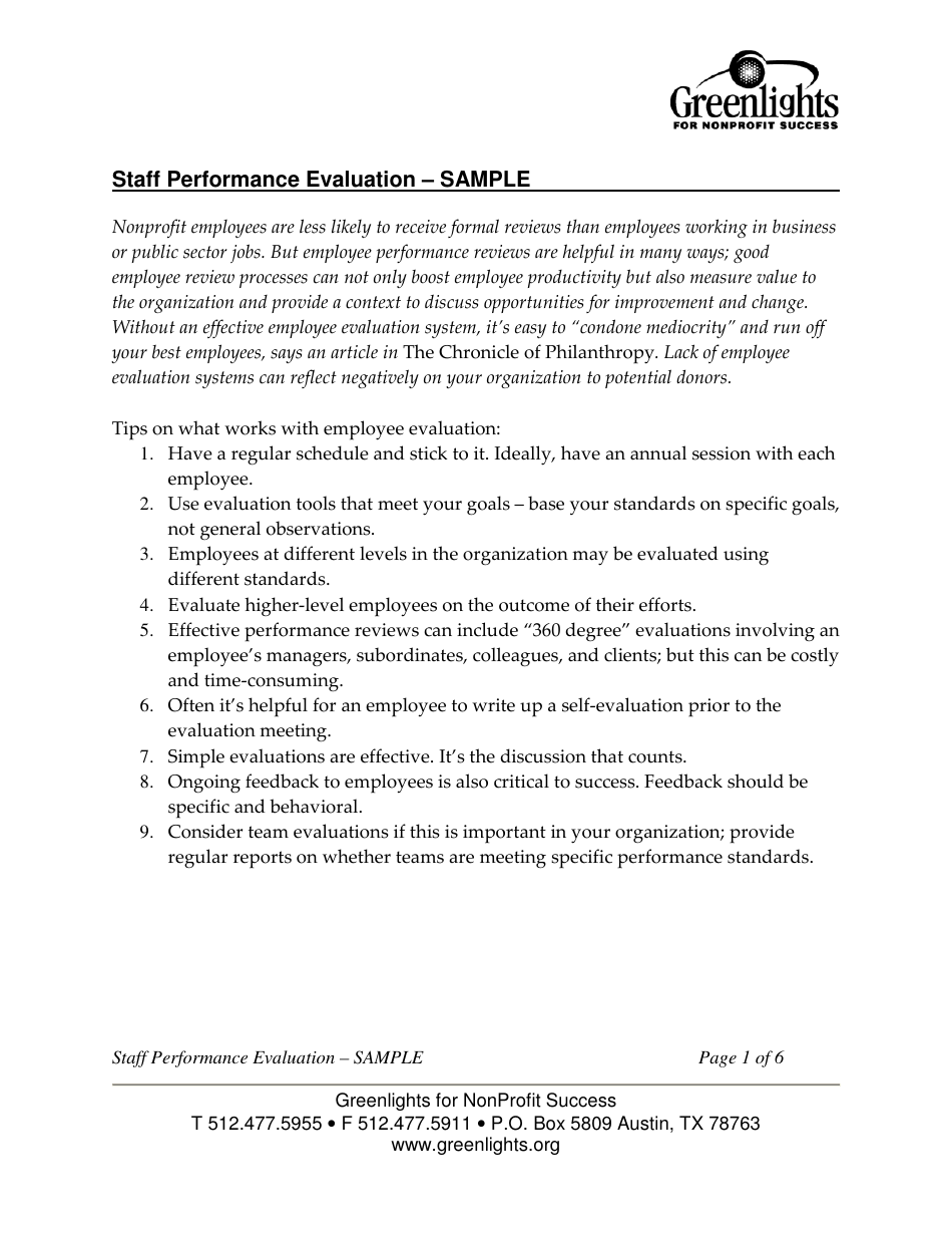 Sample Staff Performance Evaluation Form - Greenlights for Nonprofit Success, Page 1