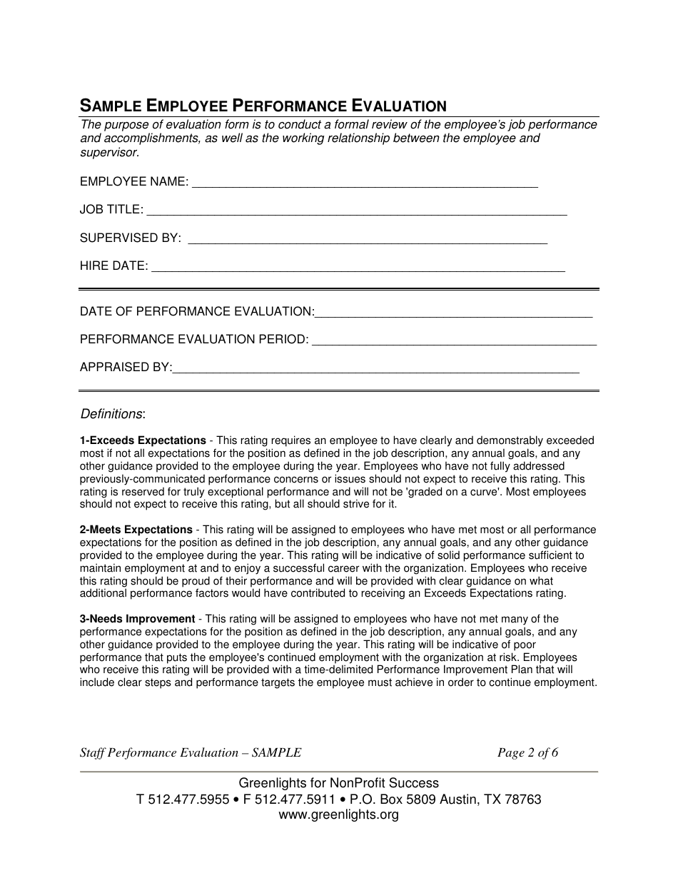 Sample Staff Performance Evaluation Form - Greenlights for Nonprofit ...