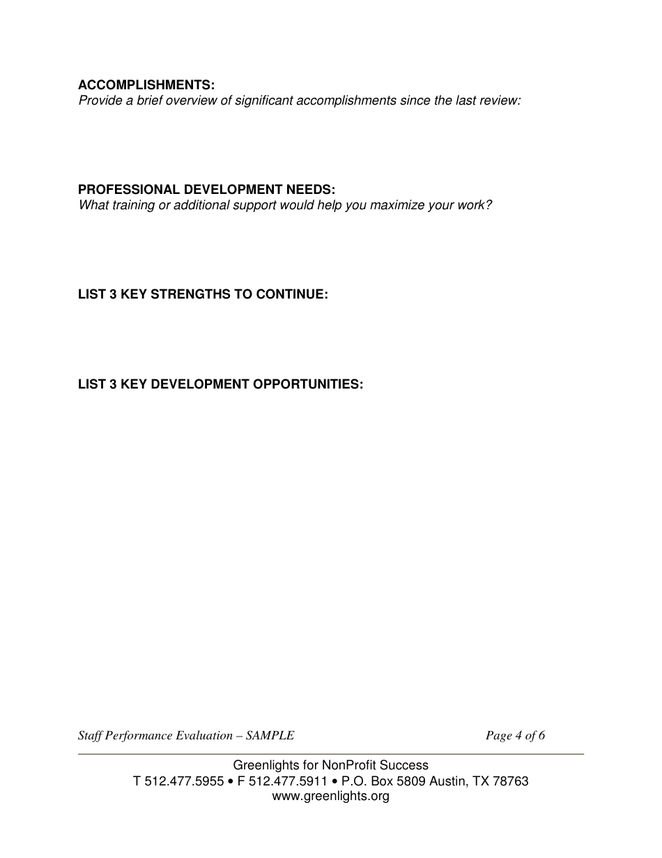 Sample Staff Performance Evaluation Form Greenlights for Nonprofit