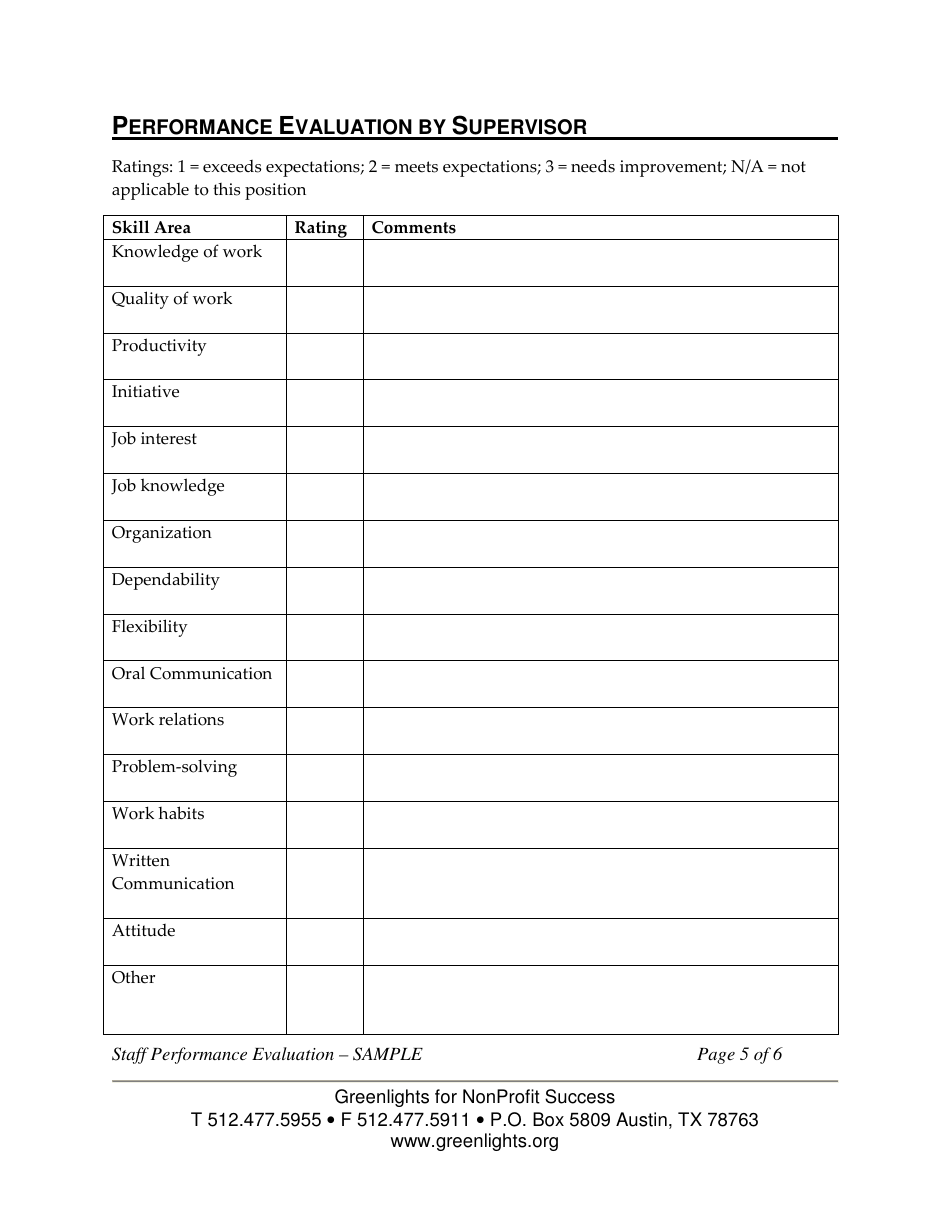 Sample Staff Performance Evaluation Form Greenlights for Nonprofit
