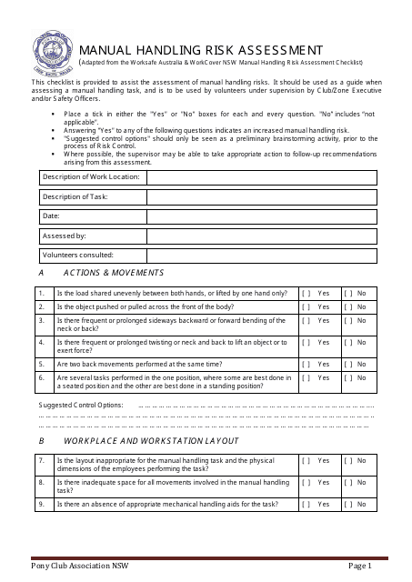 &quot;Manual Handling Risk Assessment Checklist Template - Pony Club Association Nsw&quot; Download Pdf