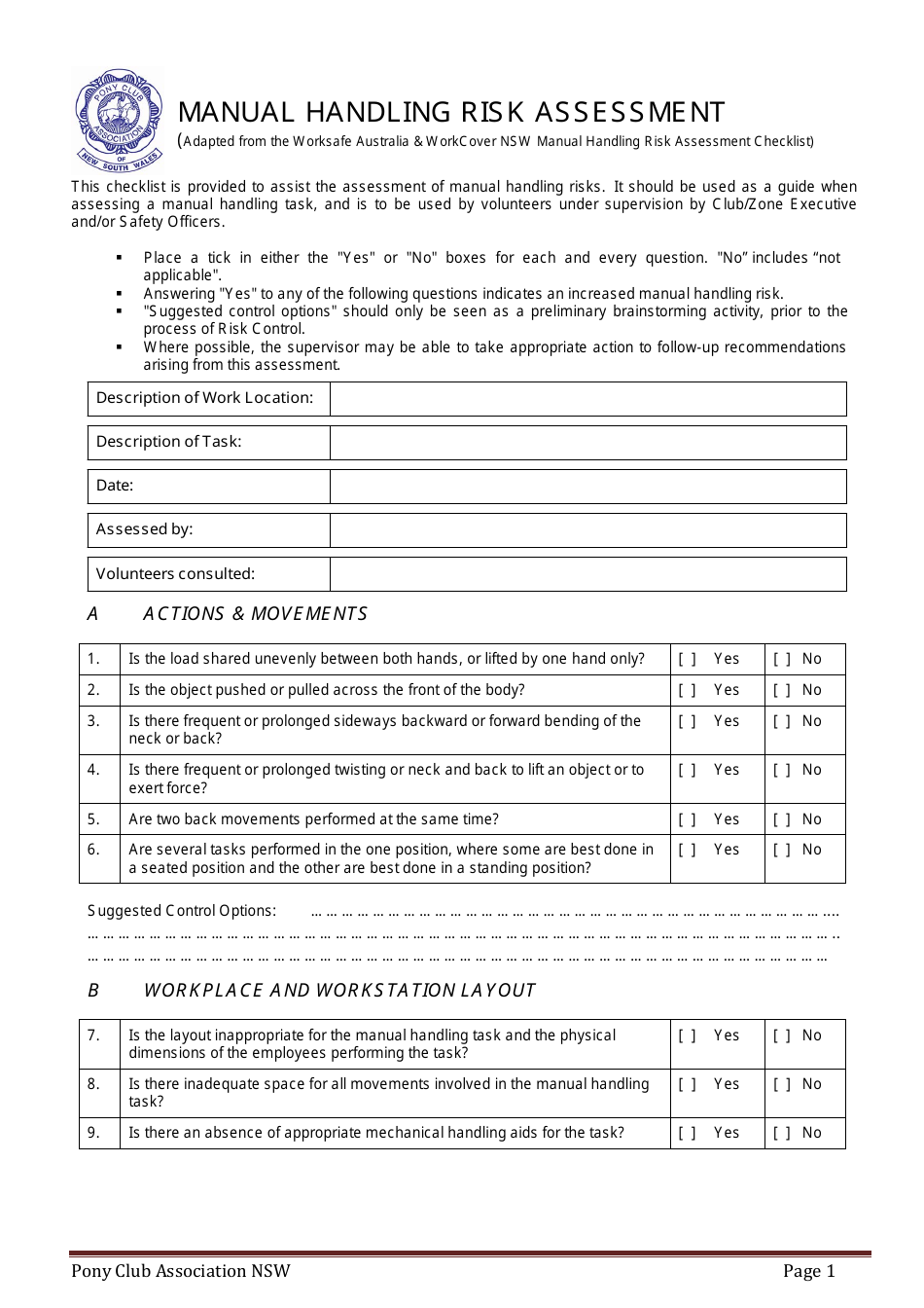Manual Handling Risk Assessment Checklist Template - Pony Club Association NSW