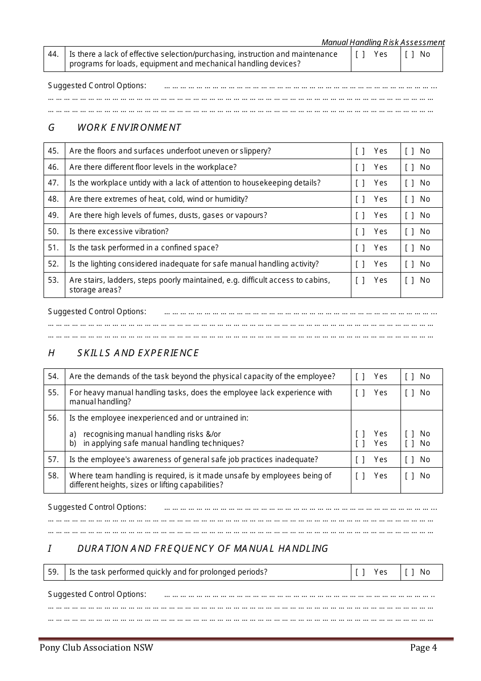 Manual Handling Risk Assessment Checklist Template - Pony Club Association Nsw, Page 4