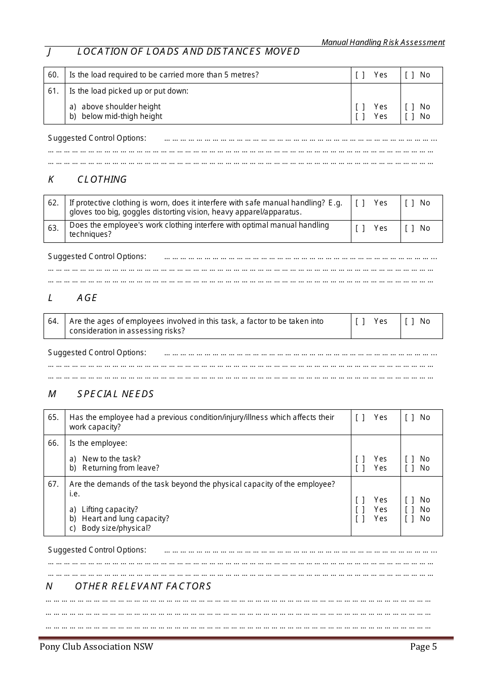 Manual Handling Risk Assessment Checklist Template Pony Club Association Nsw Download