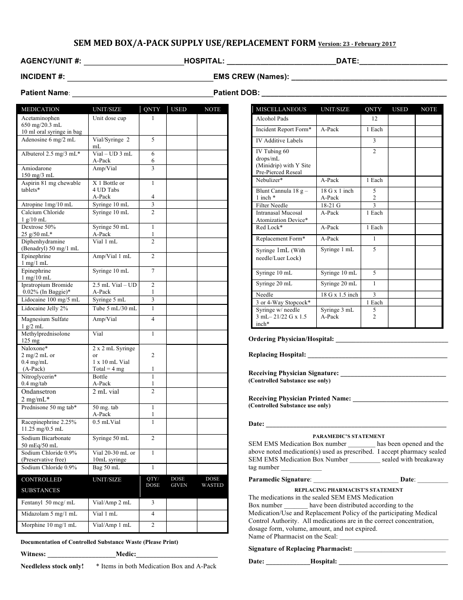 Sem Med Box / A-Pack Supply Use / Replacement Form - Oakland County, Michigan, Page 1