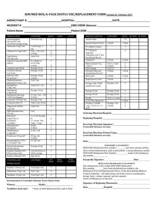 Sem Med Box / A-Pack Supply Use / Replacement Form - Oakland County, Michigan Download Pdf