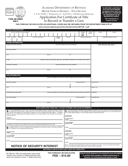 Form MVT-20-1 Application for Certificate of Title to Record or Transfer a Lien - Alabama