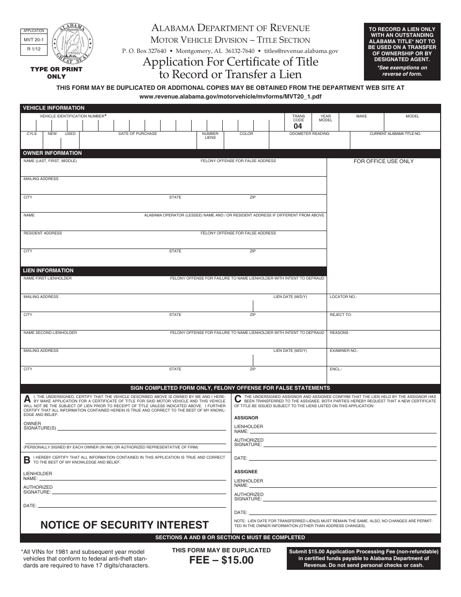 Form MVT-20-1 Application for Certificate of Title to Record or Transfer a Lien - Alabama, Page 1